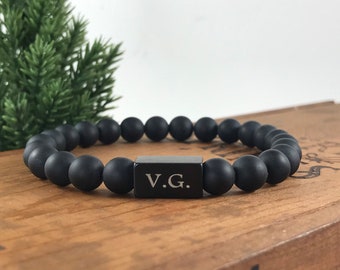 Custom Engraved Black Onyx Bead Bracelet - Engraved BOHO Bead Bracelet - Personalized Onyx Gemstone - Men's Bracelet Gift - Fathers Day Gift
