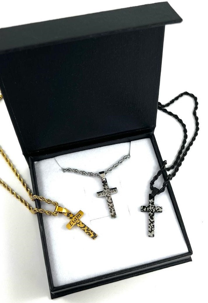 Boys Engraved Cross Rope Chain Necklace - Kids Cross Necklace - Custom ...