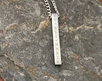 Roman Numeral Necklace - Anniversary Date Bar Pendant - Personalized Fathers Day or Christmas Gift - Custom Name Necklace - Custom Engraved