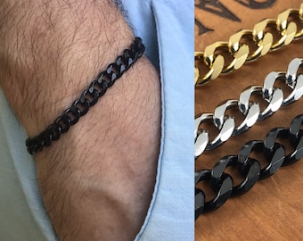 7mm Cuban Chain Boho Bracelet - Gold, Silver or Black - Luxury Cuban Chain Bracelet - Chunky Stainless Steel Curb Chain - Christmas Gift