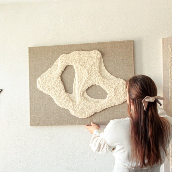 Minimalistic neutral textile wall art on linen canvas, contemporary yarn wall hanging, simple fiber artwork, japandi textured wall decor