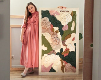 CHERRY BLOSSOM - large modern textile wall art, japandi oversized fiber art in ecru, green and blush pink, yarn wall hanging, moss wall art