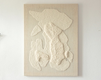 STONE V - organic sculptural wall hanging, neutral japandi fiber artwork, stones inspired wool tapestry on jute canvas, modern textile art