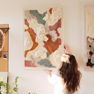 Bright yarn painting with textured clouds, abstract textile wall art in beige, orange and mint, tapestry on canvas, unique wedding gift