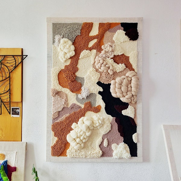 TUNDRA - large abstract textile wall art, textured oversized fiber art in beige, yellow and burgundy, yarn wall hanging, japandi cloud decor