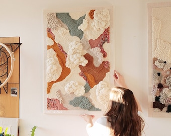 Bright yarn painting with textured clouds, abstract textile wall art in beige, orange and mint, tapestry on canvas, unique wedding gift