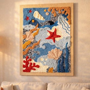 Submarine - Textured Ocean Tapestry - Handmade Coastal Wall Decor with Shells image 1