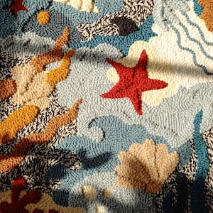 May include: A colorful rug with a blue background and various shapes, including a starfish, seashells, and coral. The rug is made of yarn and has a textured surface.