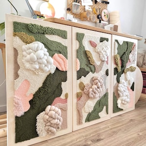 CHERRY BLOSSOM In Triptych - Modern Textile Wall Art Triptych, Fiber Art Wall Hangings, Ecru Green Blush Pink, 3 Panels Wall Art