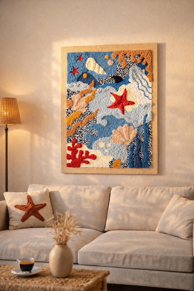 Submarine - Textured Ocean Tapestry - Handmade Coastal Wall Decor with Shells image 1