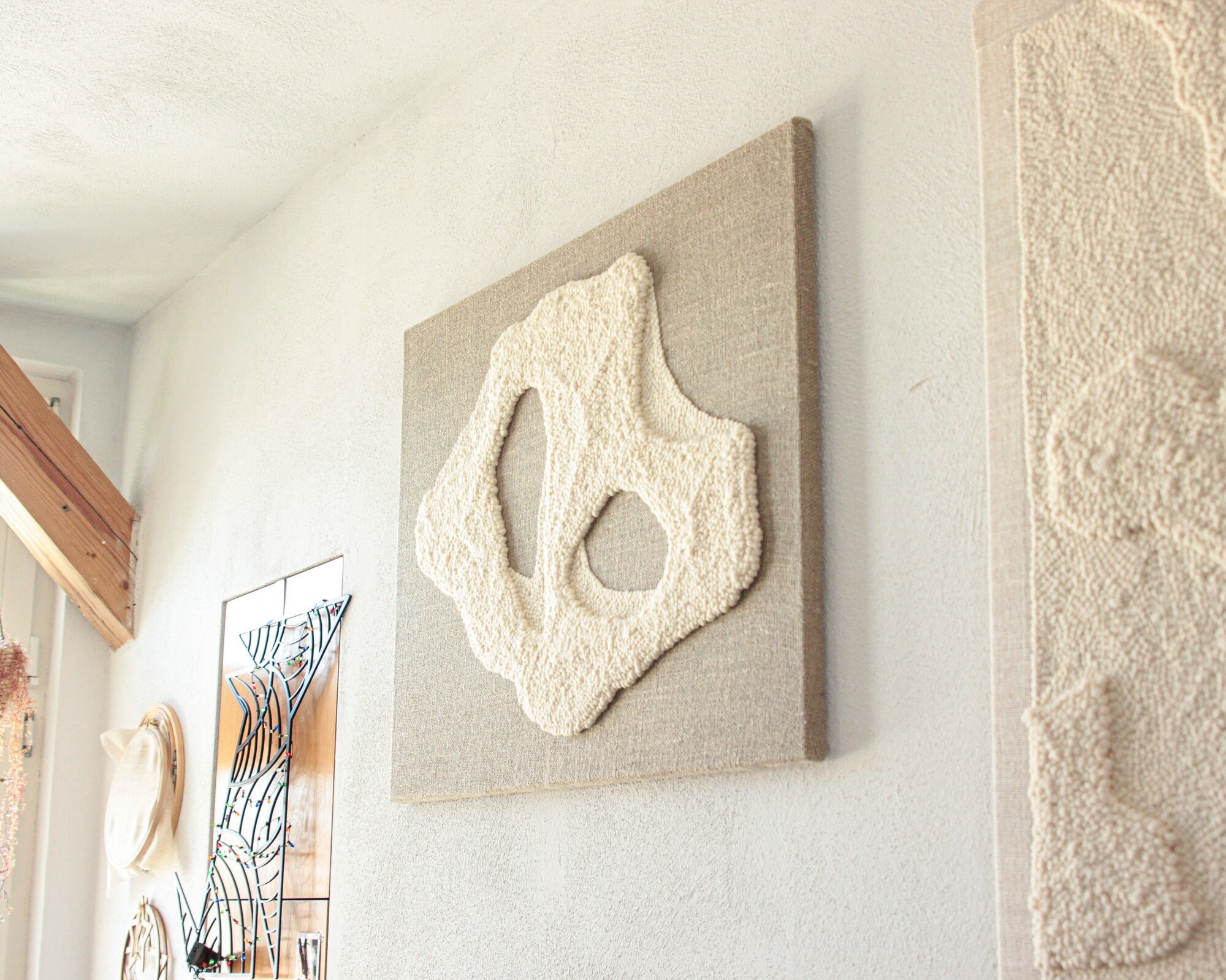 Stone I - Minimalist Textile Wall Relief, Neutral Linen Canvas