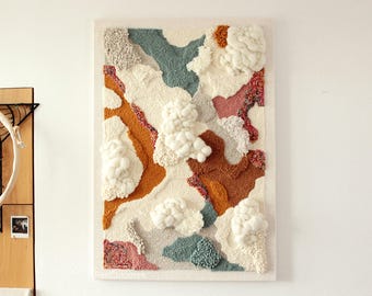 SUNLIT - yarn painting with textured clouds, abstract textile wall art, modern wool wall hanging
