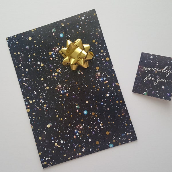 Black galaxy gift wrap with tag,Especially for you,50x70cm,star night wrappimg paper,stars wrapping paper,universe wrapping paper