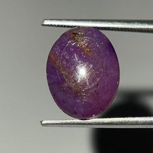 Puede incluir: Una gema pulida, de forma ovalada, de color rojo púrpura, sujeta con pinzas. La gema tiene un efecto de estrella e inclusiones marrones. El fondo es gris neutro, con una sombra oscura debajo de las pinzas.