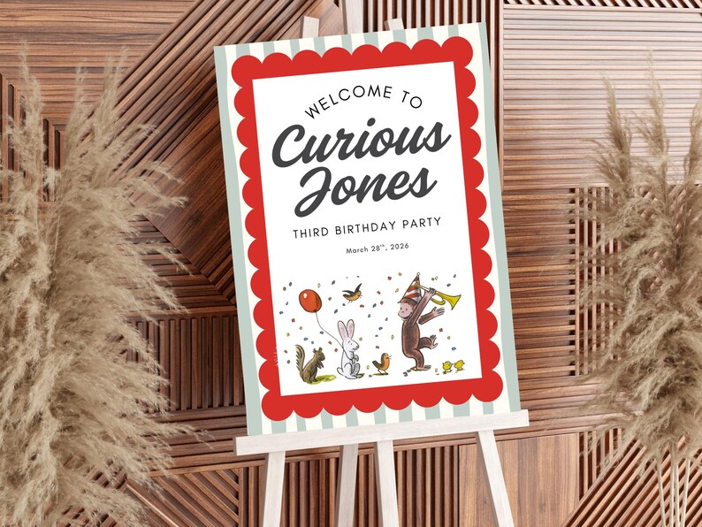 Curious George Monkey Vintage Birthday Welcome Poster Sign Editable ...