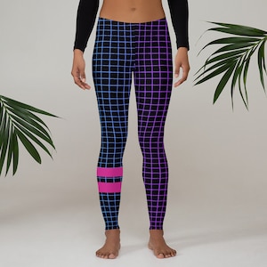 Retro - 80s - Grid - Design - Black - Pink Stripe - Colorful - Soft - Women's Stretch Leggings