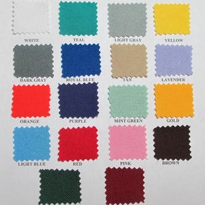 May include: A colour chart displaying 16 different fabric swatches with their corresponding names. The swatches are arranged in four rows of four. The colours include white, teal, light grey, yellow, dark grey, royal blue, tan, lavender, orange, purple, mint green, gold, light blue, red, pink, brown, hunter green, and burgundy.