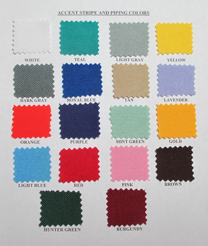 May include: A colour chart displaying 16 different fabric swatches with their corresponding names. The swatches are arranged in four rows of four. The colours include white, teal, light grey, yellow, dark grey, royal blue, tan, lavender, orange, purple, mint green, gold, light blue, red, pink, brown, hunter green, and burgundy.