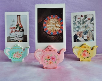 Teapot Photo Stand: Floral Party Decor, Business Card Holder