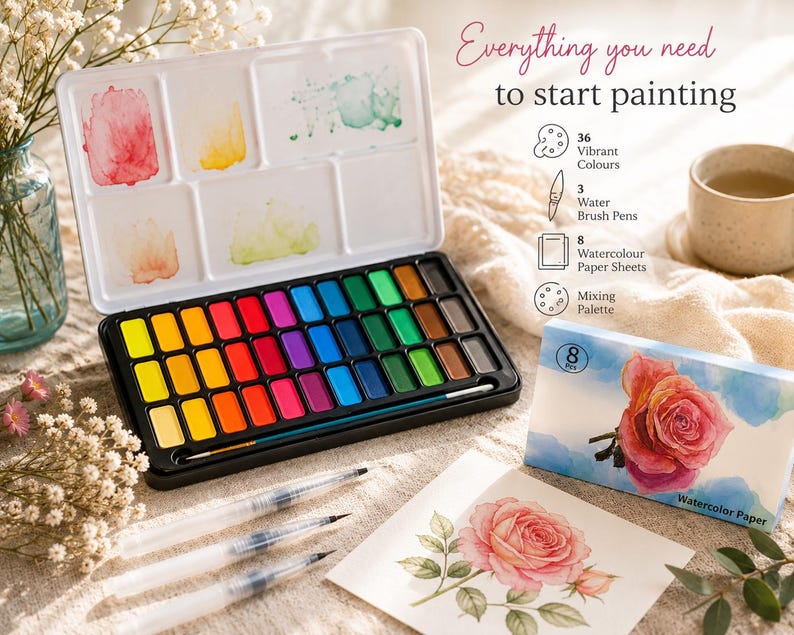 Op de afbeelding: Een aquarelverfset in een zwarte metalen doos met 36 levendige kleurpotjes, drie waterpenselen en acht vellen aquarelpapier. Het deksel fungeert als mengpalet en bevat de tekst Everything you need to start painting.