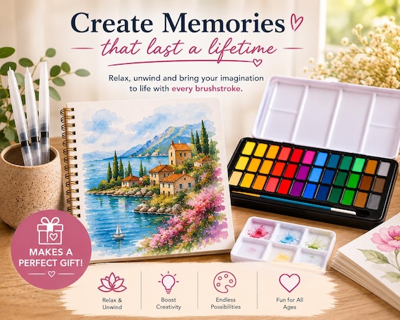 Watercolour Painting Kit | 36 Colour Set with Water Brush Pens, Paper, Mixing palette