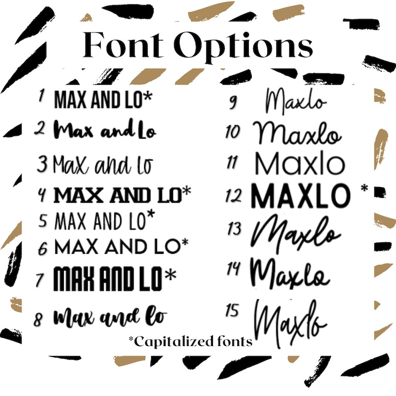 May include: A white background with black text showing 15 different font options for the name "Maxlo". Some options are capitalized and some are not. The text "*Capitalized fonts" is at the bottom of the image.
