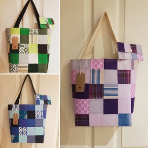 May include: Three patchwork tote bags with matching zippered pouches. The bags are made from different fabrics in shades of green, purple, and blue. Each bag has a brown tag with a red heart.