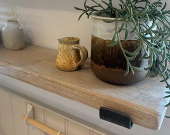 Solid Oak Wood Shelf with J Brackets, Heavy Duty Floating Shelf with Industrial Brackets, Open Kitchen Shelving Unit 15cm Deep, Customizable