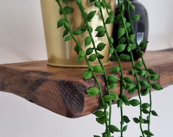 Reclaimed Oak Shelf, Raw Edge Floating Shelf, Rustic Live Edge Wall Shelves with Hidden Brackets, Solid Wood Shelving Unit, 15cm Deep