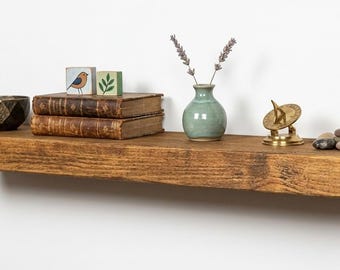Solid Redwood Pine Floating Shelf, 20cm Deep Rustic Wall Display, UK Handmade