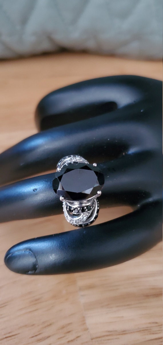 Silver Black Spinel and White Topaz ring
