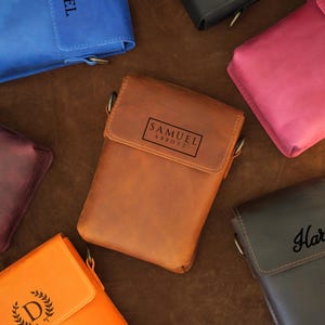 Personalized Leather Phone Pouch Crossbody, Custom Engraved Shoulder Bag with Adjustable Strap, Compact Phone Bag for Men and Women