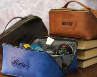Neceser de cuero personalizado para hombre, neceser de cuero personalizado, neceser de viaje, regalo para padrinos de boda, regalo de aniversario grabado para él.