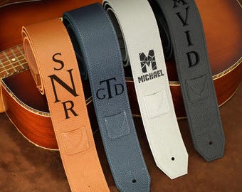 Correa de guitarra de cuero grabada con bolsillo para púas, regalo musical personalizado para él, regalo personalizado para guitarrista, correa de guitarra ancha ajustable