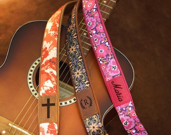 Unique Patterns Guitar Strap Personalized, Engraved Leather Guitar Straps, Custom Acoustic Guitar Strap, Soft Padded Bass Guitar Strap