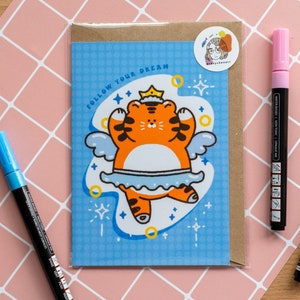 Lucky Tiger Ballet Dancer Greeting card, kawaii tiger, Dancing Tiger, Celebration, Cute Design, Paper card, Follow Your Dream Card