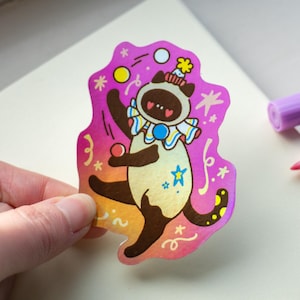 Siamese Cat Clown Sticker, animal stickers, Journal stickers, Craft decoration stickers, kawaii cat, whimsical circus doodle, Cute Sticker