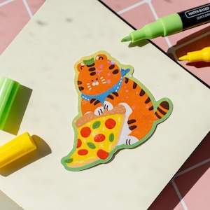 Chubby Sparkle Glitter Pizza Tiger sticker, animal stickers, Journal stickers, Craft decoration stickers, kawaii tiger, Cute Food Doodle