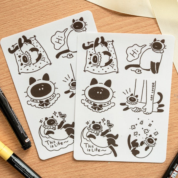 Simple line Siamese Cat sticker sheet, animal stickers, Journal stickers, Craft decoration stickers, kawaii cat, cute doodle cat sticker set