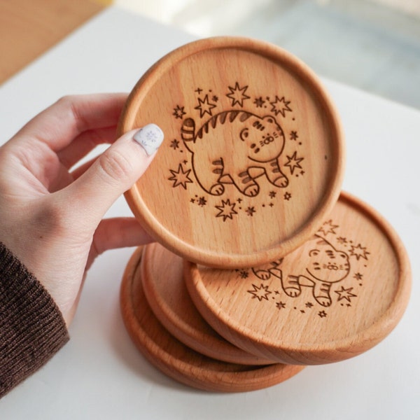 Cute Tiger and Stars wooden Coaster, Round Wood Coaster, Cute Animal Coaster, Kawaii coaster, Beverage, cup cover, cup pad, wood cup mat