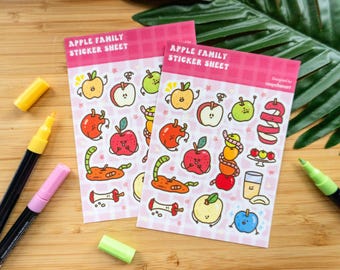 Apple Family sticker sheet, Fruit stickers, Journal stickers, Craft decoration stickers, kawaii Apple and Worm, cute doodle sticker set