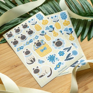 Cute Siamese Cat & flowers sticker sheet, Blue Floral sticker sheet, Spring stickers, Journal stickers, Craft decoration stickers, happy cat