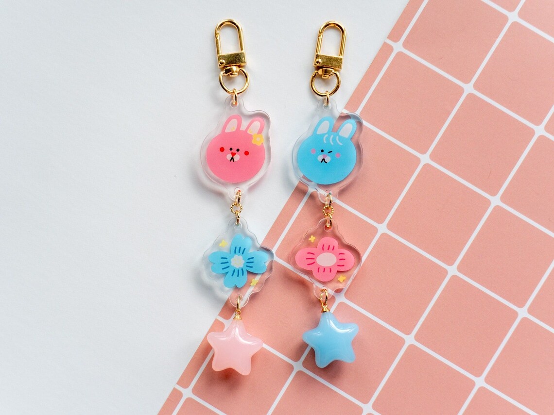 Bunny and Flower Acrylic Keychain, Kawaii Rabbit Keychain, Spring ...