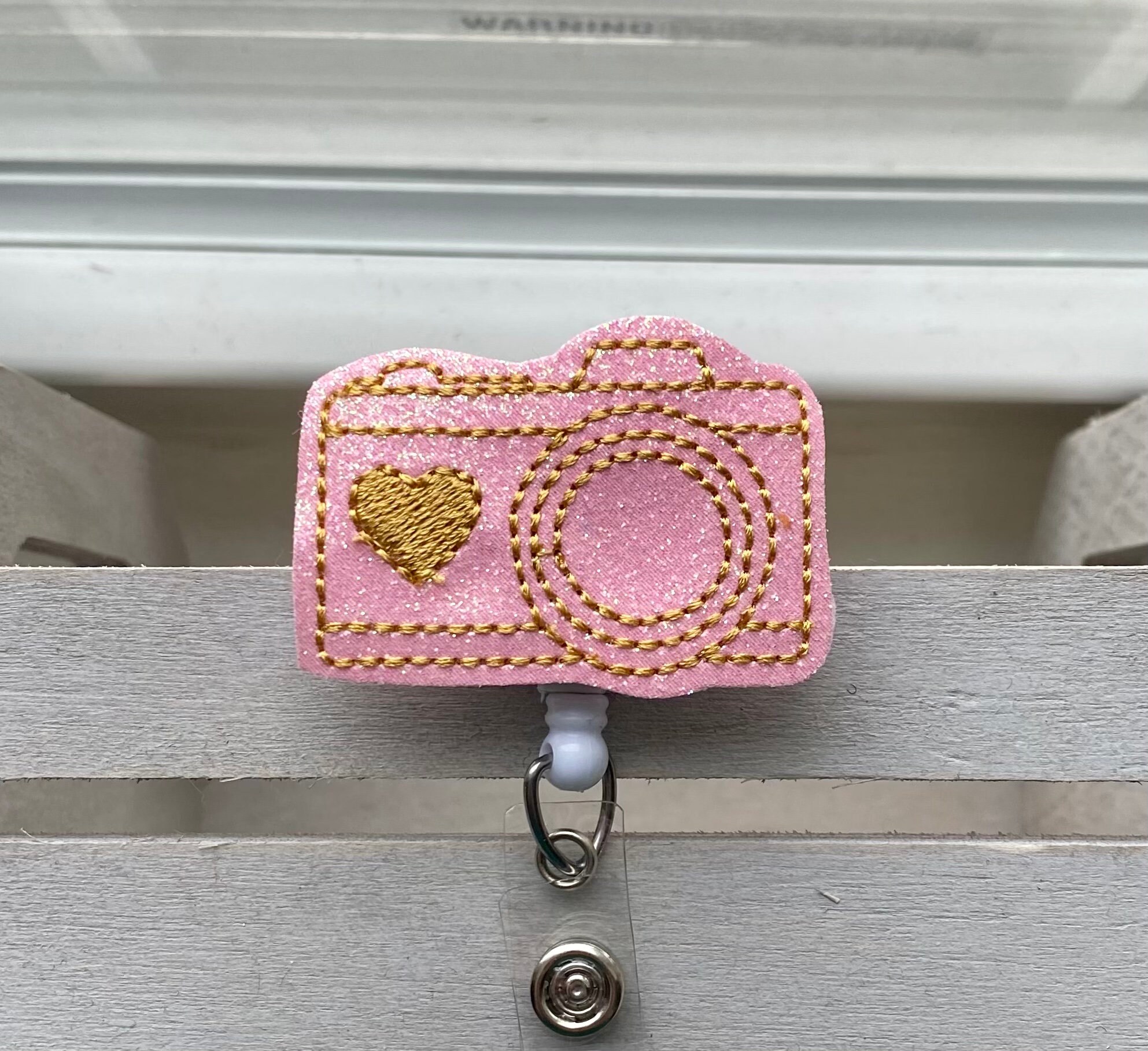 Pink Camera Name Badge Photography Glitter Retractable Badge Reel Alligator Reel