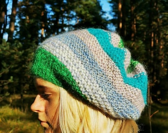 Hand knit hat beret mohair stripeed rainbow