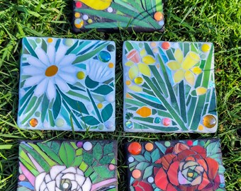 Tile sized floral mosaics for the garden or home.