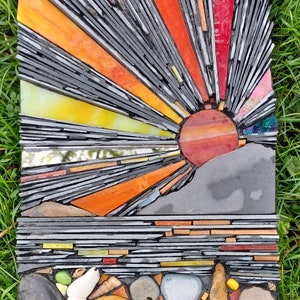 Mosaic slate, shell, stone and glass 3D seascape mosaic. Can be hung indoors or outdoors.