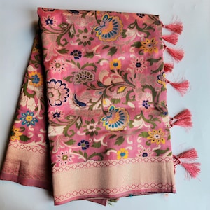 Banarasi Silk Coral Dupatta with Multicolor & Gold Floral Handweaving