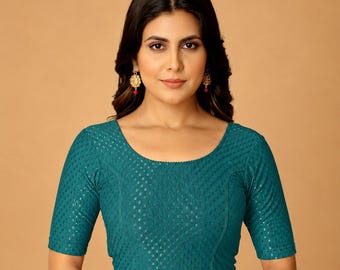 Teal - Stretchable Elbow Sleeve Saree Blouse