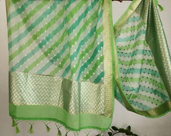 Banarasi Linen Silk Dupatta in Green and Sky Blue